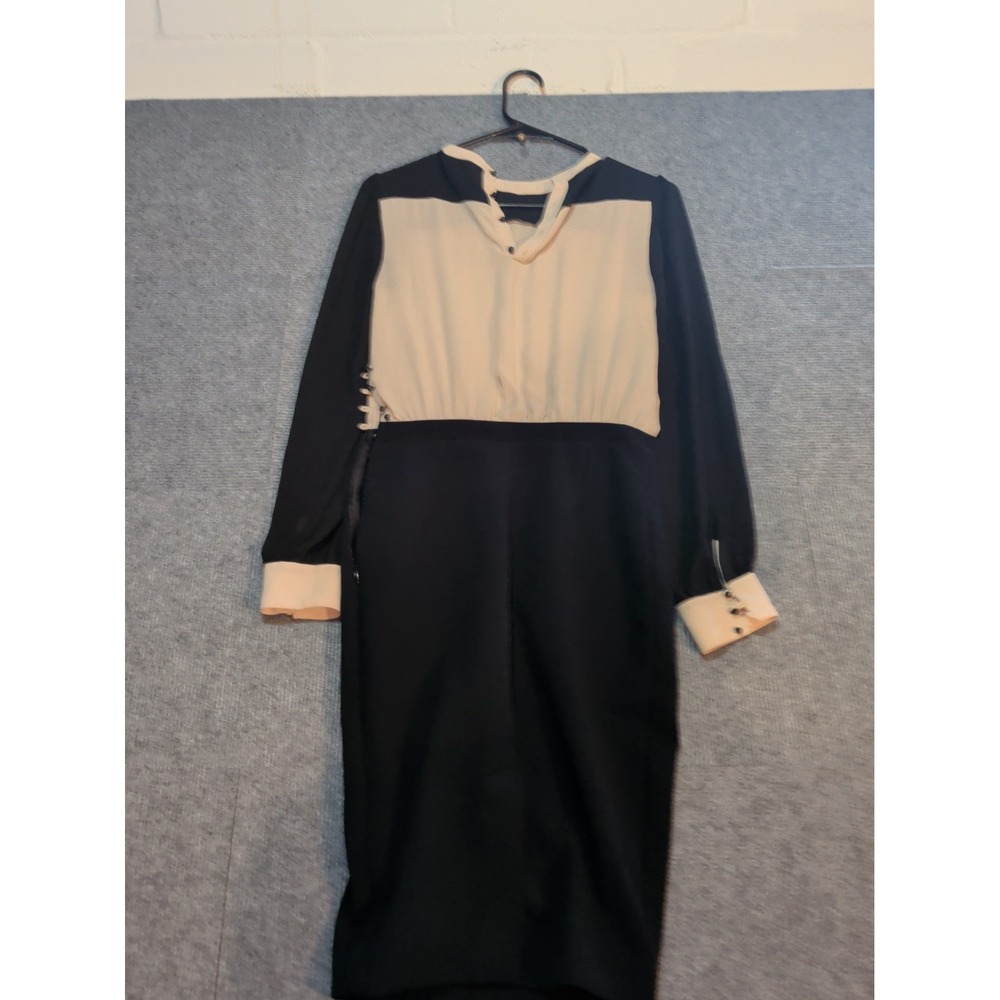 Zara Basic Womens Black Cream Colorblock Long Sleeve Midi Sheath Dress Size S